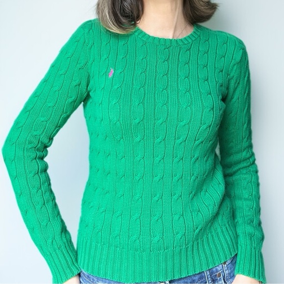 Ralph Lauren Classic Emerald Green Cable Knit Crew Neck Sweater Preppy XS Vtg 90 - Picture 1 of 12